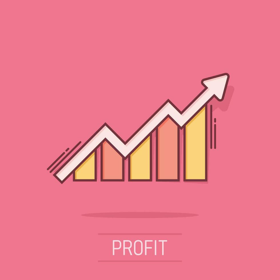 groeit bar diagram icoon in grappig stijl. toenemen pijl vector tekenfilm illustratie pictogram. infographic vooruitgang bedrijf concept plons effect.