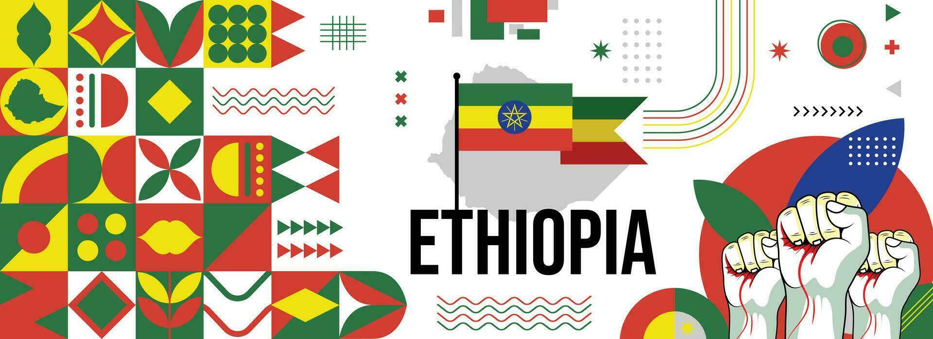 Ethiopië nationaal of onafhankelijkheid dag banier voor land viering. vlag en kaart van Ethiopië met verheven vuisten. modern retro ontwerp met typorgaphy abstract meetkundig pictogrammen. vector illustratie