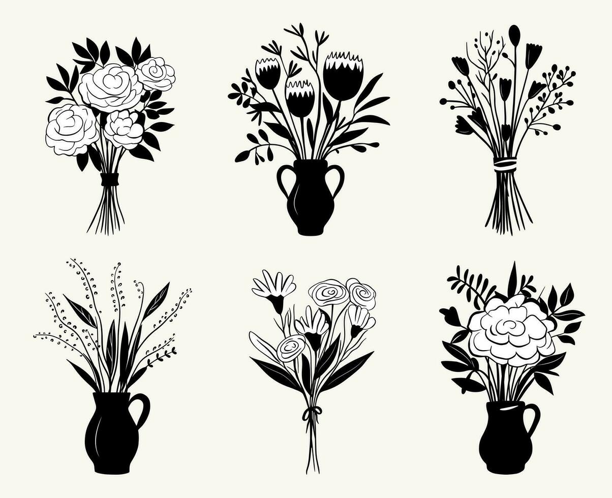 hand- getrokken monochroom bloemen. vector schets zwart boeketten set. vaas met bloemen. geïsoleerd boeketten