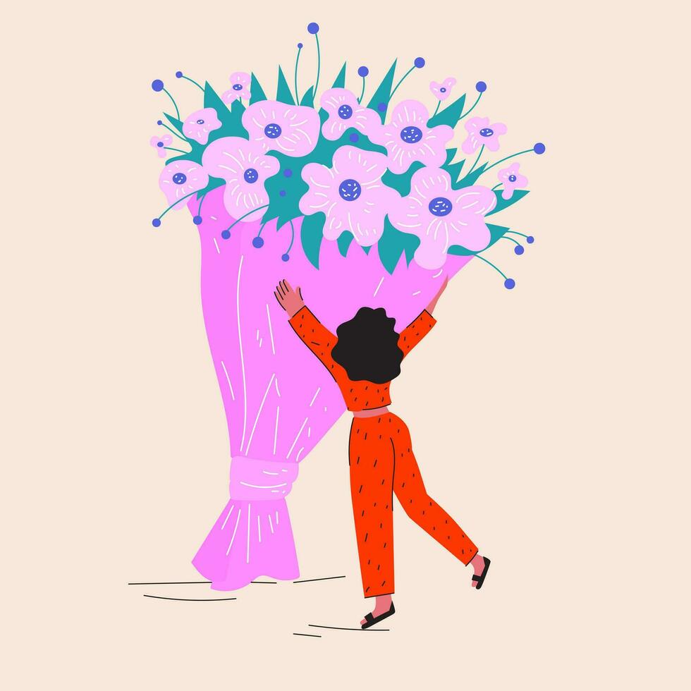 gelukkig Internationale vrouwen dag kaart. vrouw Holding reusachtig boeket van bloem. meisje knuffelen bloemen. moeder dag illustratie. vrouw verheugt zich Bij de geschenk. gelukkig verjaardag hartelijk groeten. vector