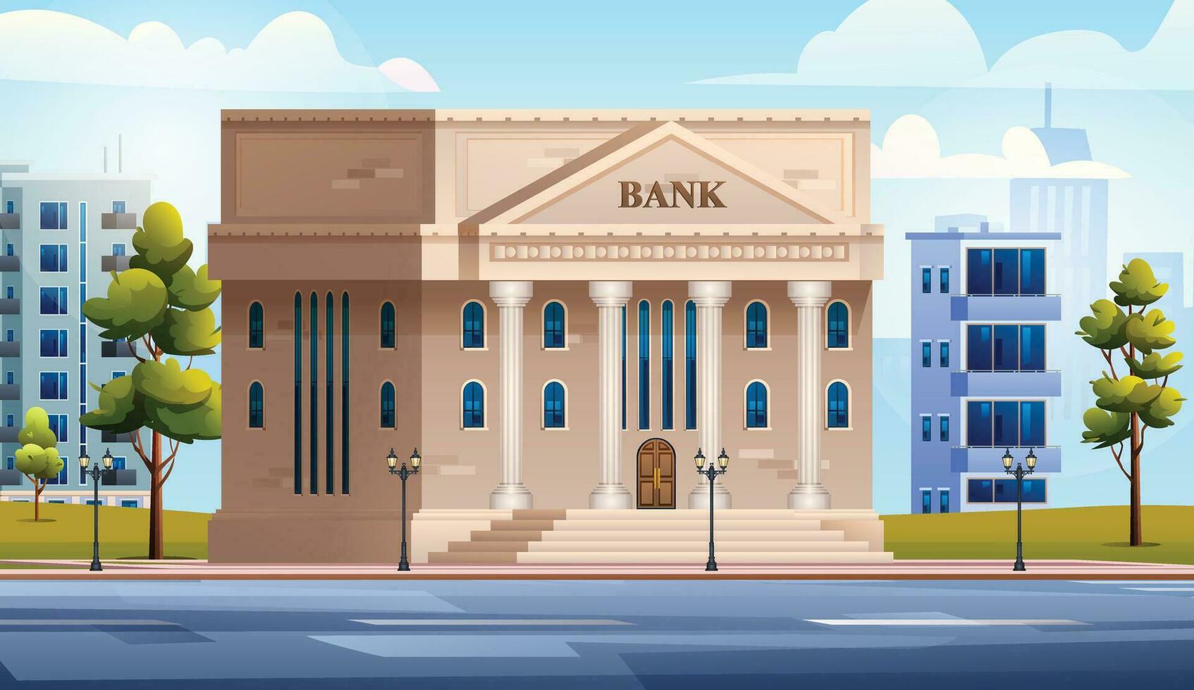 bank gebouw Aan stadsgezicht achtergrond vector tekenfilm illustratie