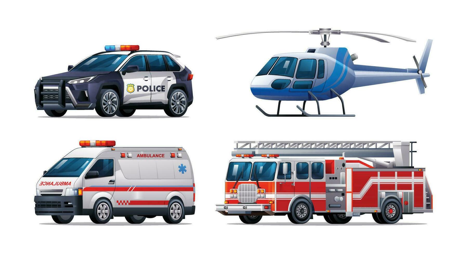 noodgeval voertuig set. Politie auto, brand vrachtwagen, ambulance en helikopter. officieel noodgeval onderhoud voertuigen vector illustratie