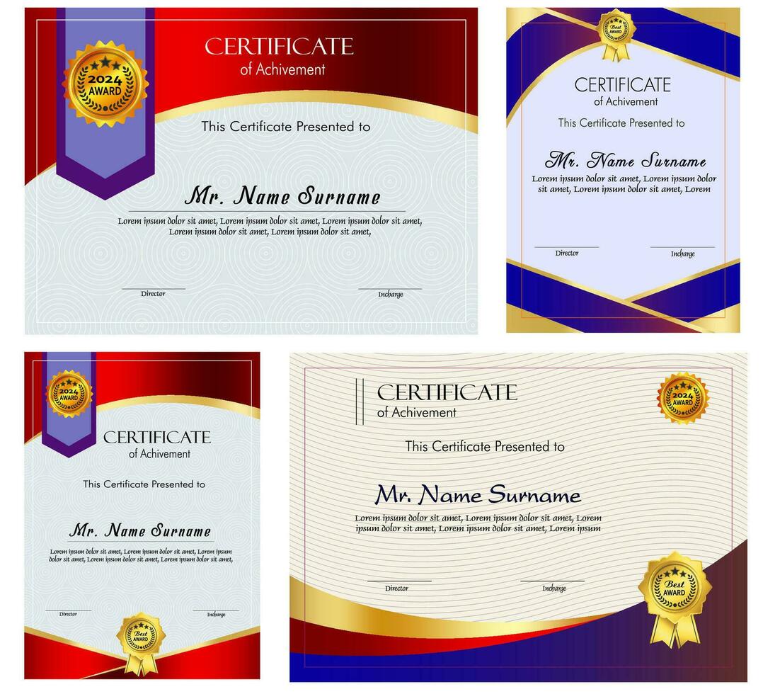 certificaat van prestatie sjabloon reeks met goud insigne en grens, waardering en prestatie certificaat sjabloon ontwerp. elegant diploma certificaat sjabloon vector