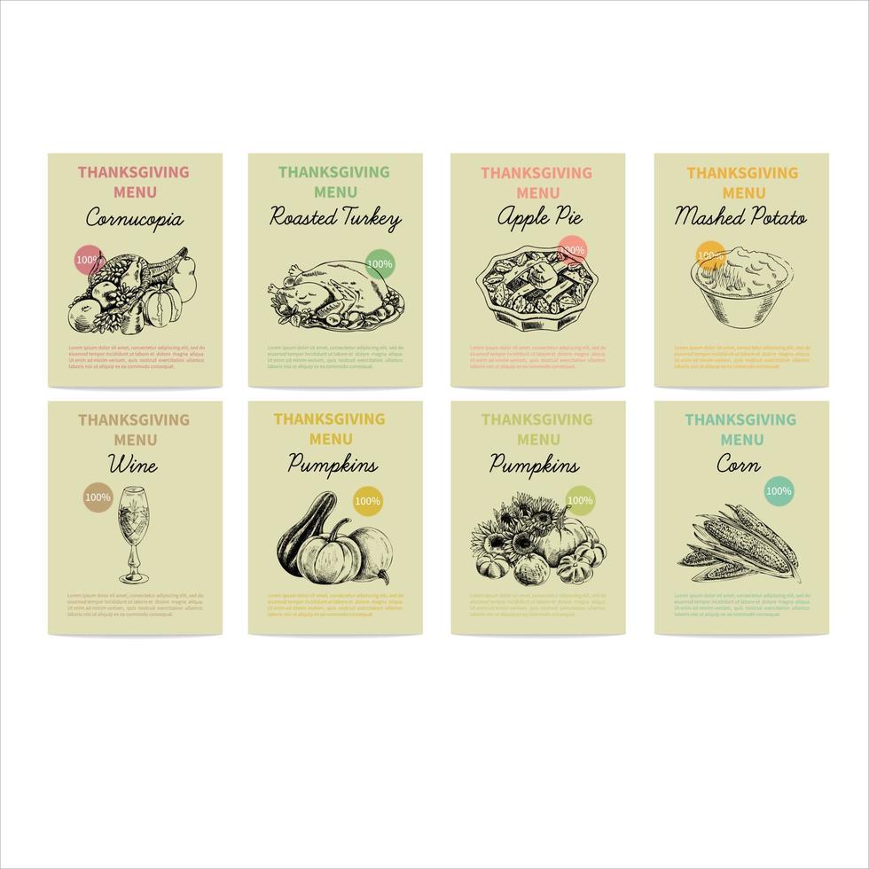 sjabloon ontwerp. vector handgetekende thanksgiving kaarten set. vintage stijl schets illustratie.