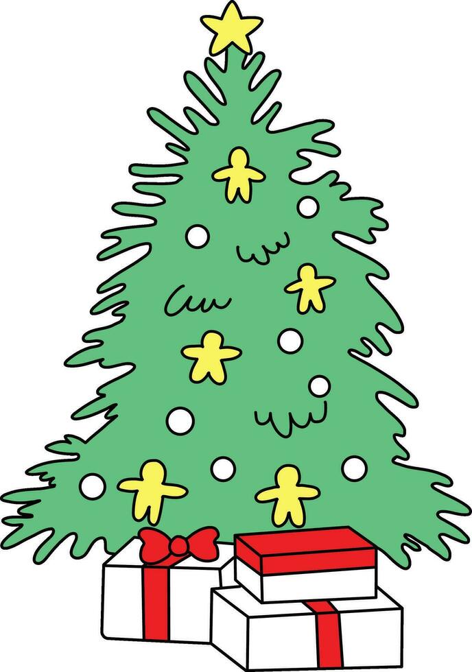 schattig hand getekend tekenfilm Kerstmis boom versierd met lichten, kerstballen, en sterren. het Kenmerken cadeaus onder de boom en serveert net zo een feestelijk decoratie voor Kerstmis en nieuw jaar vieringen vector