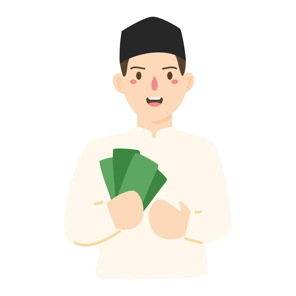 moslim Mens glimlachen gelukkig terwijl Holding papier geld vector