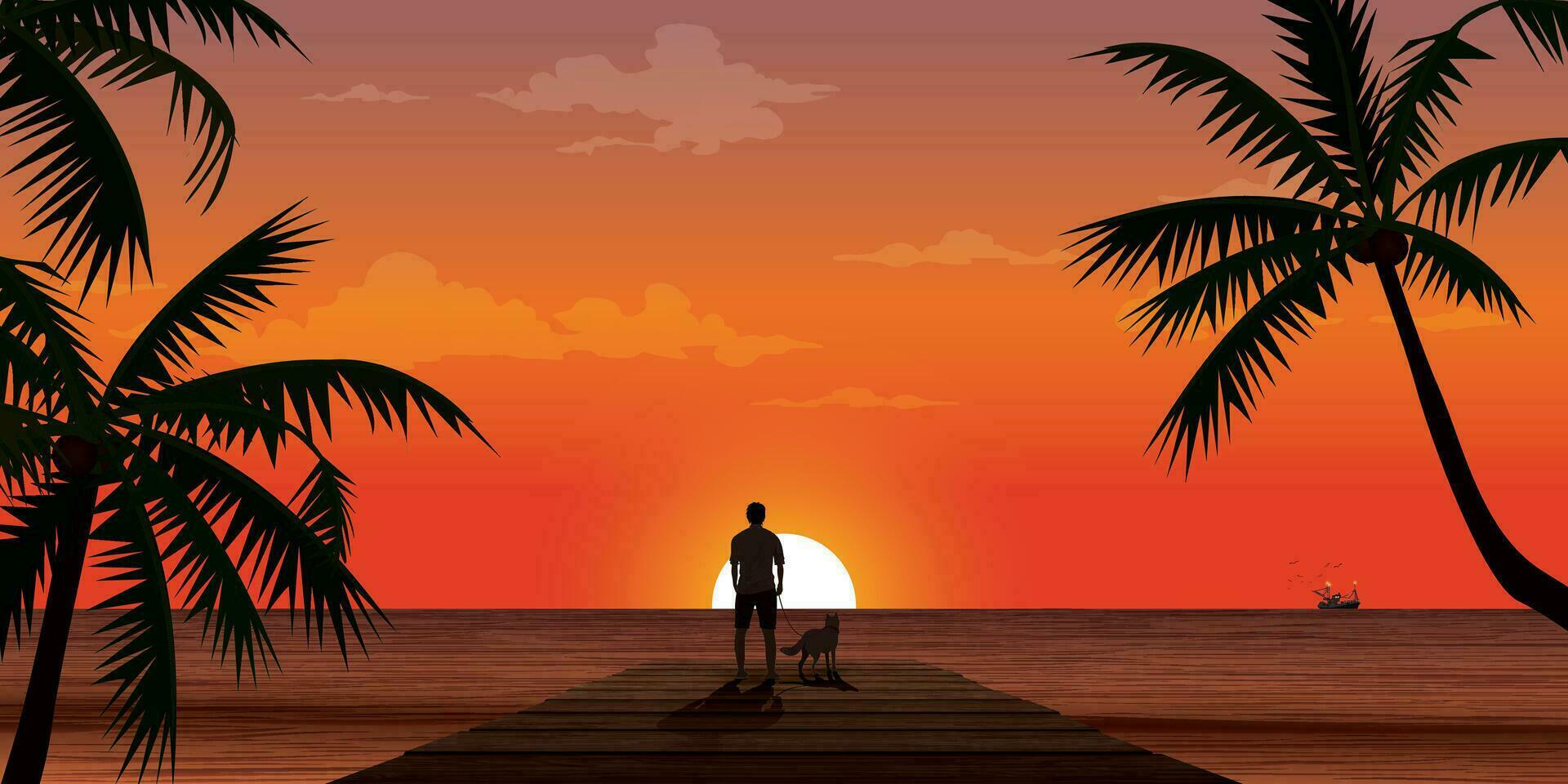 aftekenen van Mens met zijn hond Aan houten pier Bij kust met zonsondergang achtergrond vector illustratie.