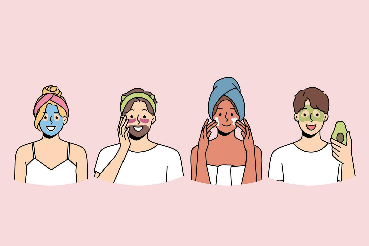 mensen met schoonheid maskers Aan gezichten gebruik biologisch crèmes naar krijgen ontdoen van rimpels en verjongen huid. Mens en vrouw van toepassing zijn hygiënisch schoonheid maskers, willen naar verwijderen kneuzingen onder ogen of acne vector