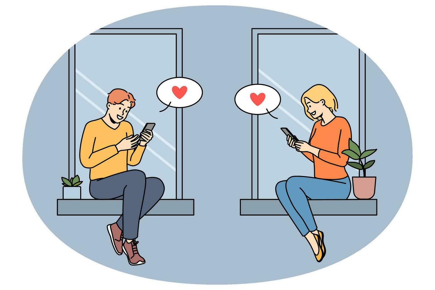paar zittend Aan vensterbank sms'en online Aan telefoons. Mens en vrouw in liefde bericht Aan internet Aan smartphones. web daten. vector illustratie.