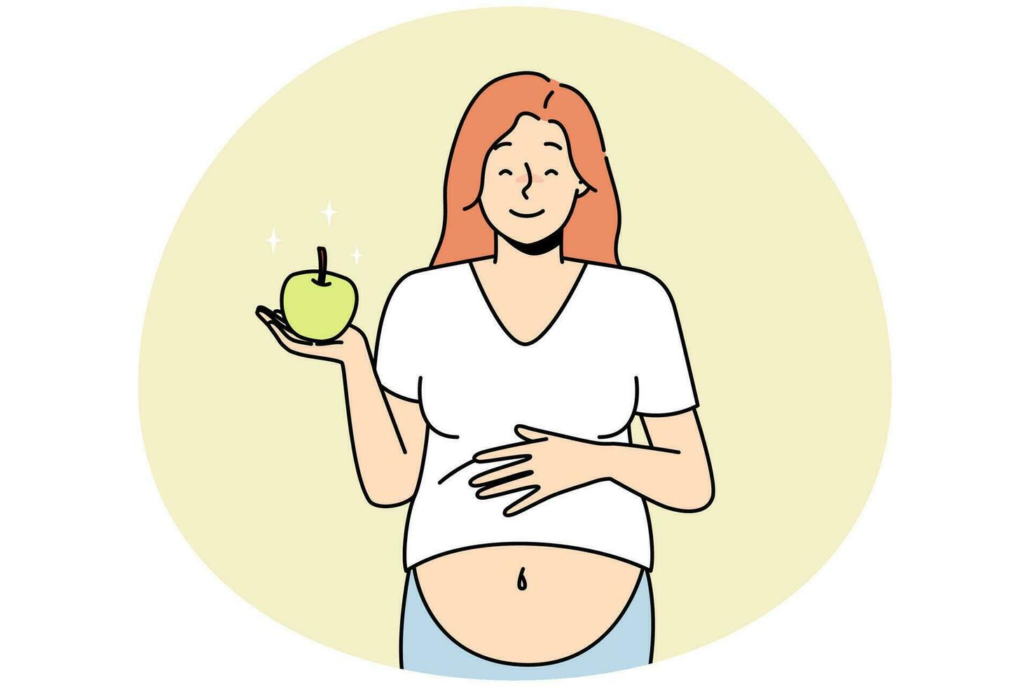 glimlachen zwanger vrouw met appel. vector glimlachen jong zwanger vrouw Holding appel adviseren gezond eetpatroon. gelukkig vrouw volgen zwangerschap voeding eten vruchten. vector illustratie.