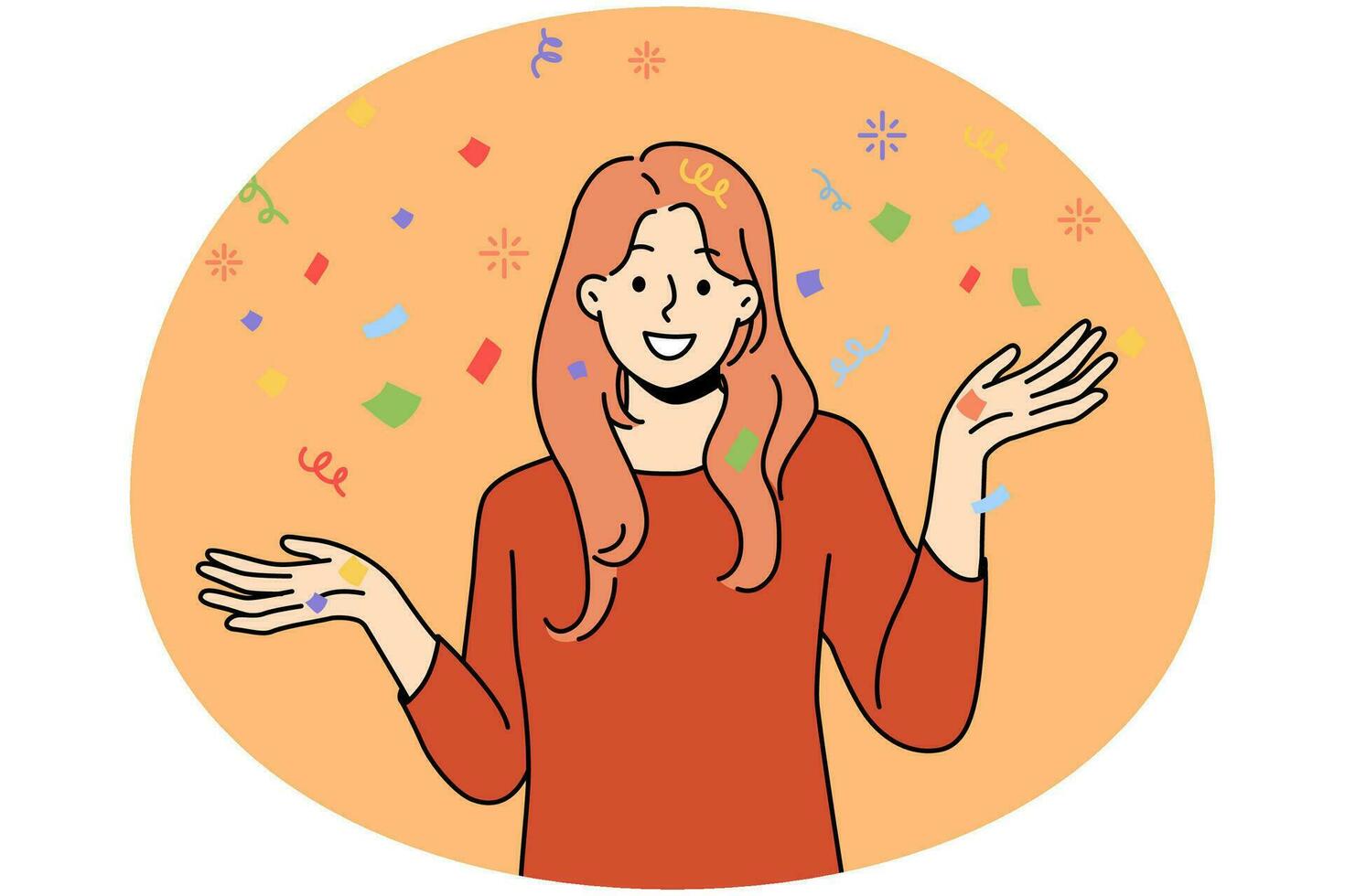 glimlachen jong vrouw met confetti hebben pret vieren. gelukkig meisje genieten partij of viering. vector illustratie.