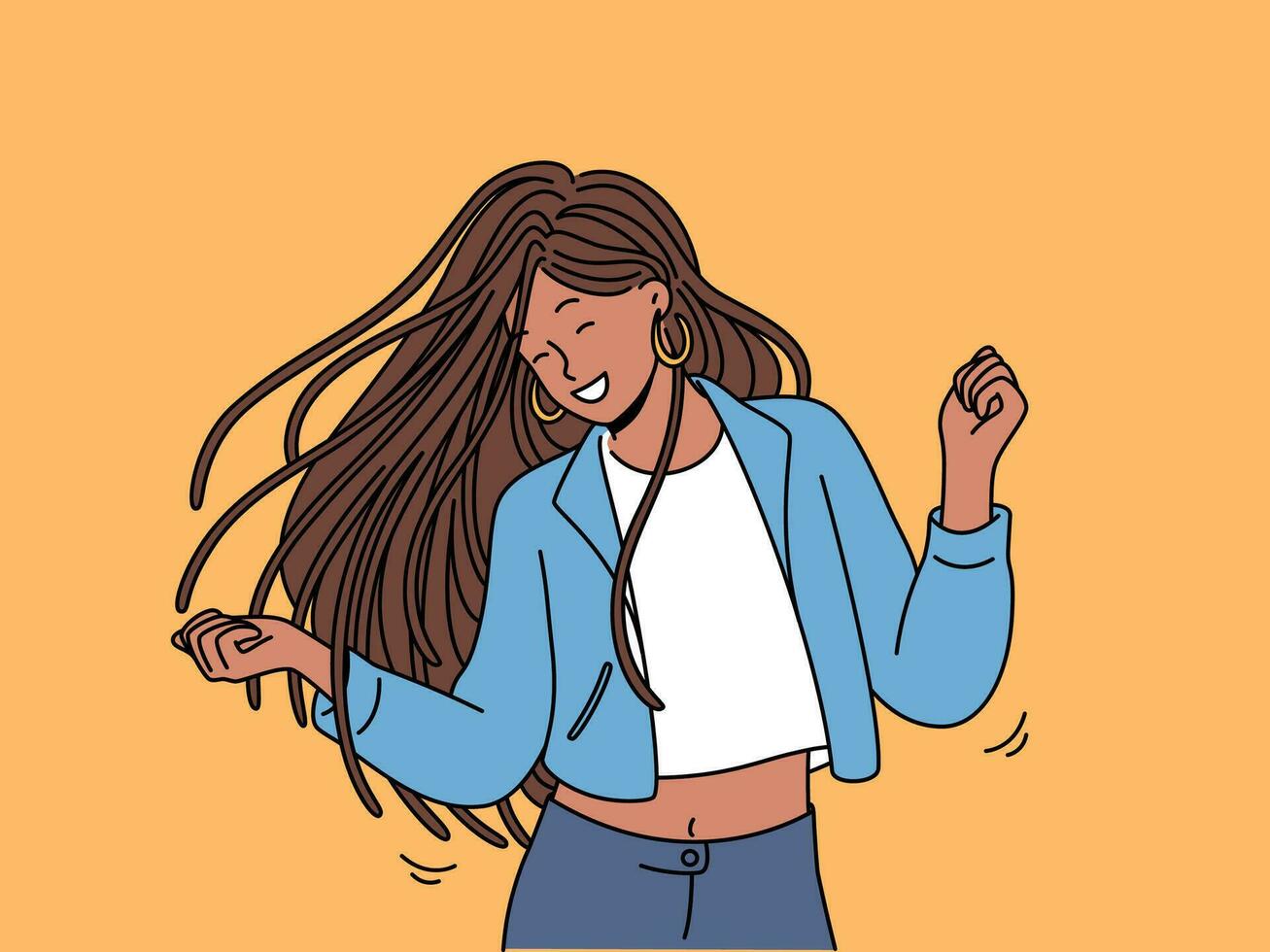 dansen tiener- meisje geniet ritmisch bewegingen naar muziek- en schommels lang dreadlocks. dansen etnisch vrouw in gewoontjes kleren, ontspannende Bij disco of nachtclub en dromen van worden professioneel danser vector