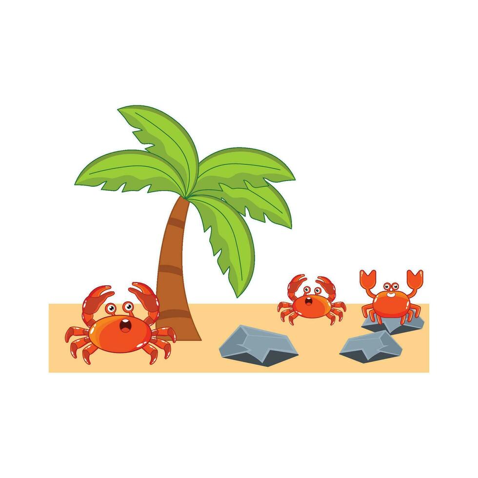 krab karakter, palm boom met steen in strand illustratie vector