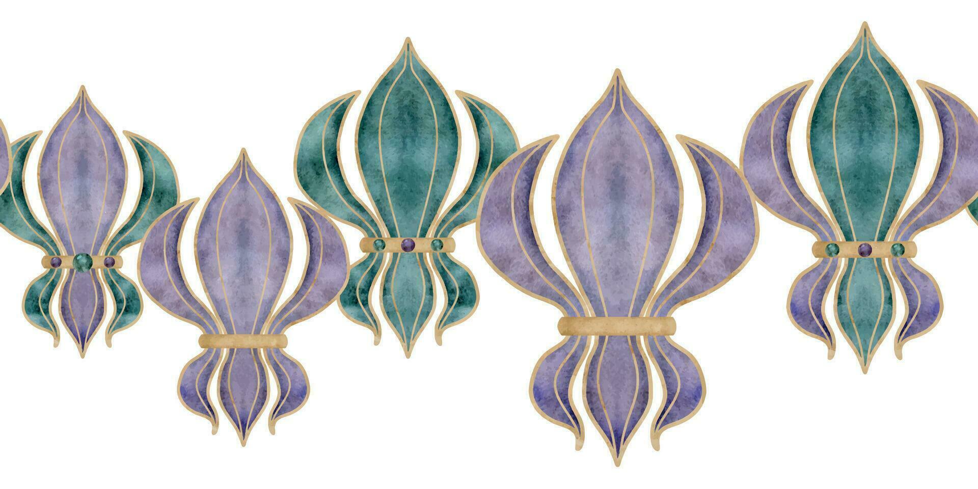 hand- getrokken waterverf mardi gras carnaval symbolen. fleur de lis Frans lelie iris bloem glas kralen confetti kerstballen. naadloos banier geïsoleerd Aan wit achtergrond. ontwerp partij uitnodiging, afdrukken, winkel vector