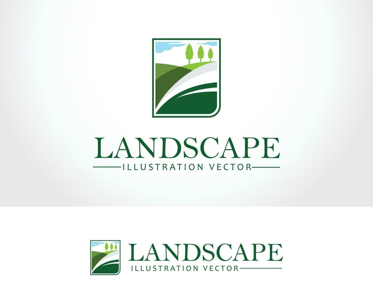 landschap logo creatief boom dennen tuin zon illustratie vector