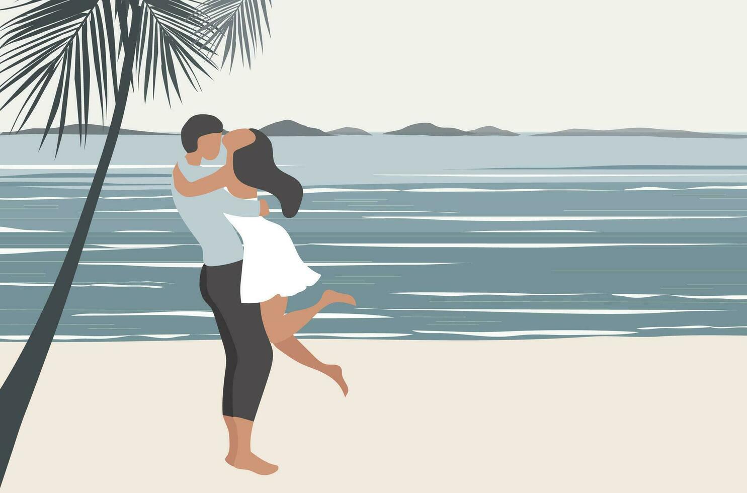 liefhebbend paar omarmen Aan de strand visie achtergrond vector illustratie. gelukkig Valentijnsdag dag, liefde, huwelijksreis concept