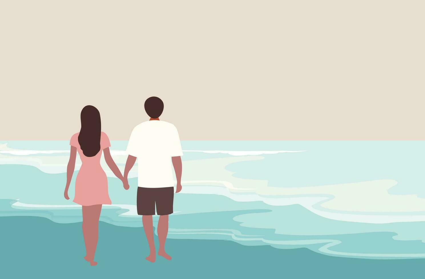 liefhebbend paar omarmen Aan de strand visie achtergrond vector illustratie. gelukkig Valentijnsdag dag, liefde, huwelijksreis concept