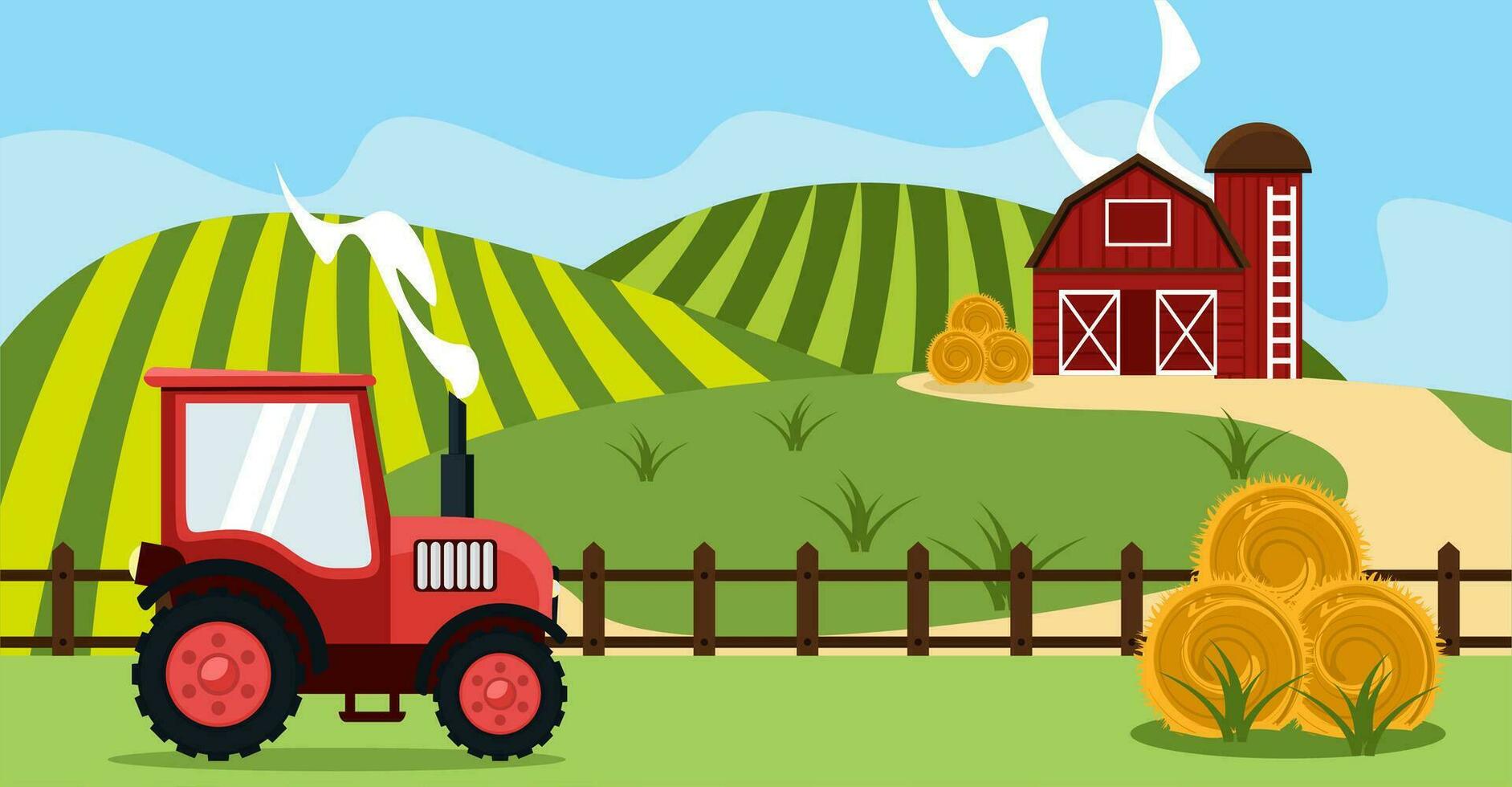 vector agrarisch illustratie. de atmosfeer is Aan een boerderij, Daar is hooi, goederen, en boerderij tractoren. zonnig weer Aan de boerderij