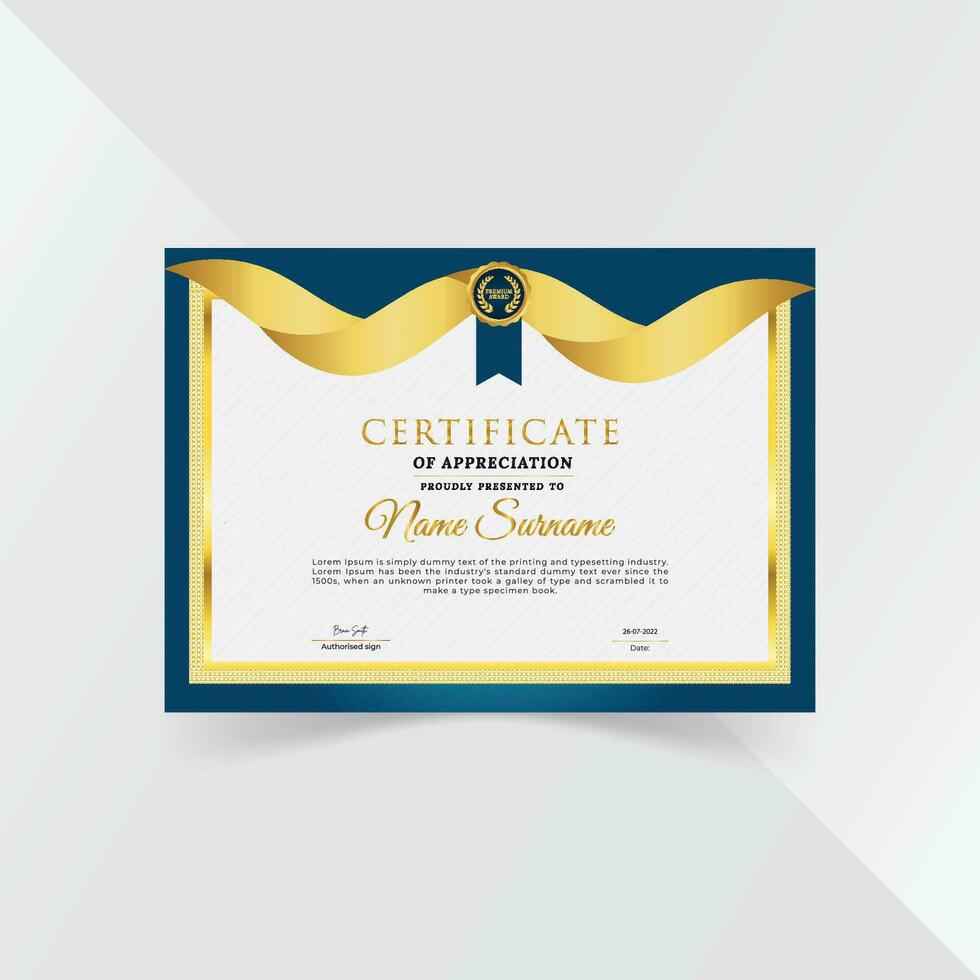 professioneel en premie certificaat sjabloon ontwerp met gouden meetkundig vormen vector