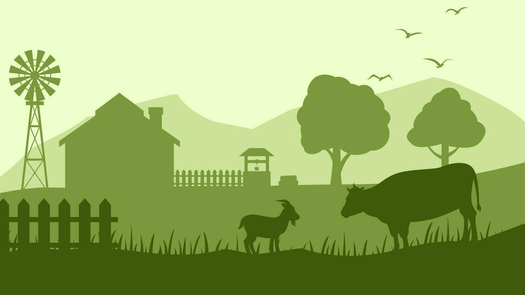 bouwland landschap vector illustratie. platteland silhouet met vee koe en geit. landelijk landbouw landschap voor illustratie, achtergrond of behang