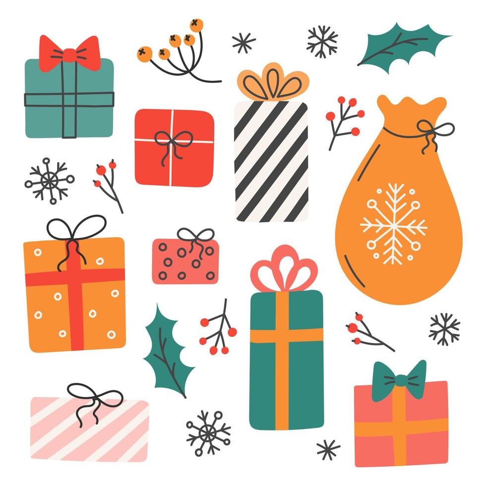 set kerstcadeaus, vectorillustratie in vlakke stijl, decor voor ansichtkaarten, posters vector