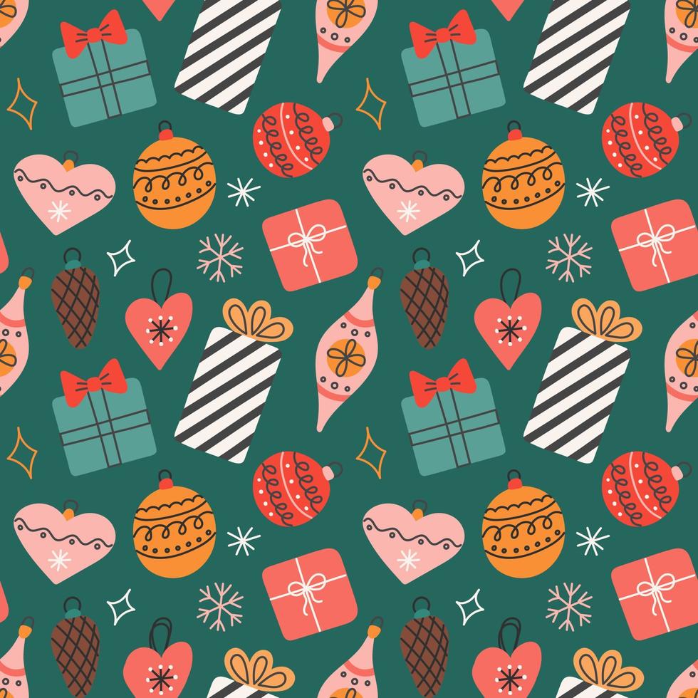 geschenken en kerstboomspeelgoed met sneeuwvlokken op groene achtergrond, vector naadloos patroon in vlakke stijl