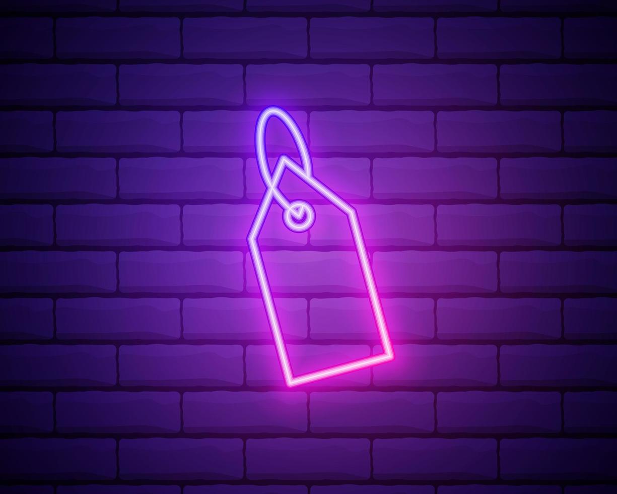 gloeiende neon leeg label sjabloon prijskaartje pictogram geïsoleerd op bakstenen muur achtergrond. lege winkelkortingen sticker. sjabloon korting banner. vector illustratie