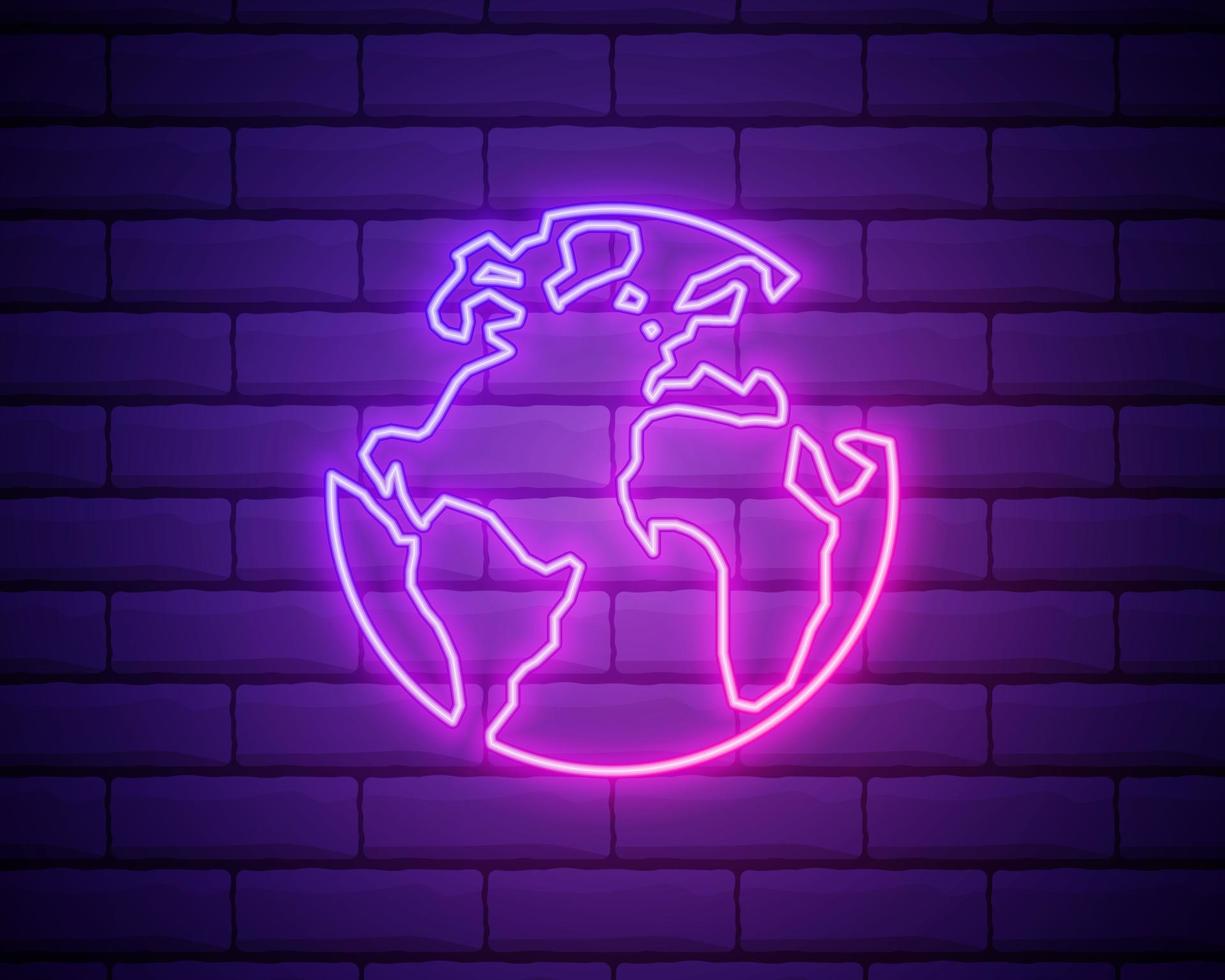 gloeiende neon lijn earth globe icoon geïsoleerd op bakstenen muur achtergrond. wereld of aarde teken. wereldwijd internetsymbool. geometrische vormen. vector illustratie
