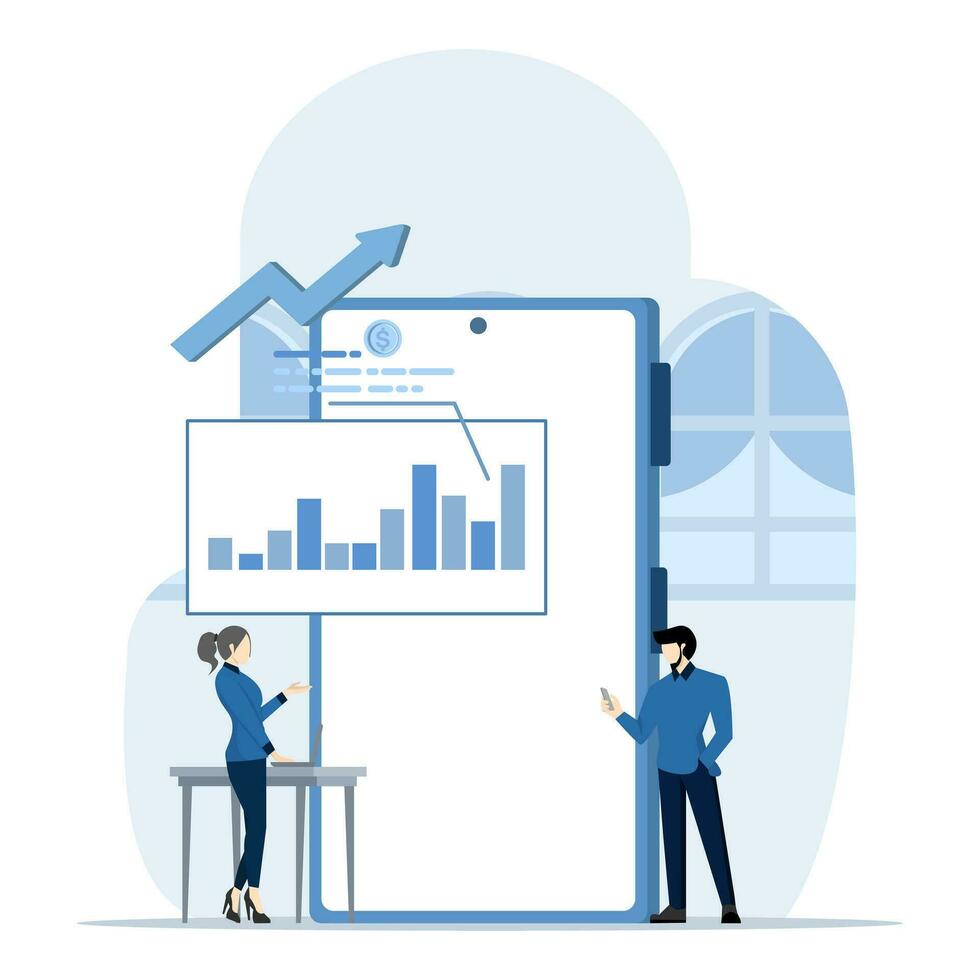 concept van bedrijf idee planning strategie, brainstormen, analytisch. gegevens analyse voor bedrijf financieel investering met zakenman werken Aan toezicht houden op diagram dashboard. vlak vector illustratie.