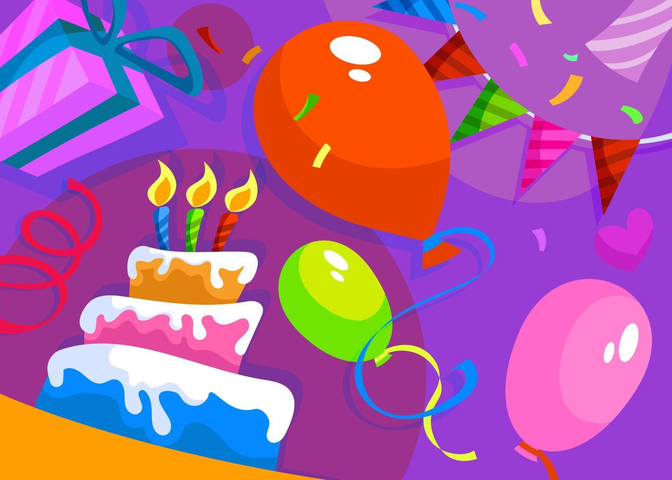 gelukkige verjaardagsbanner met cake en decoratie. vector