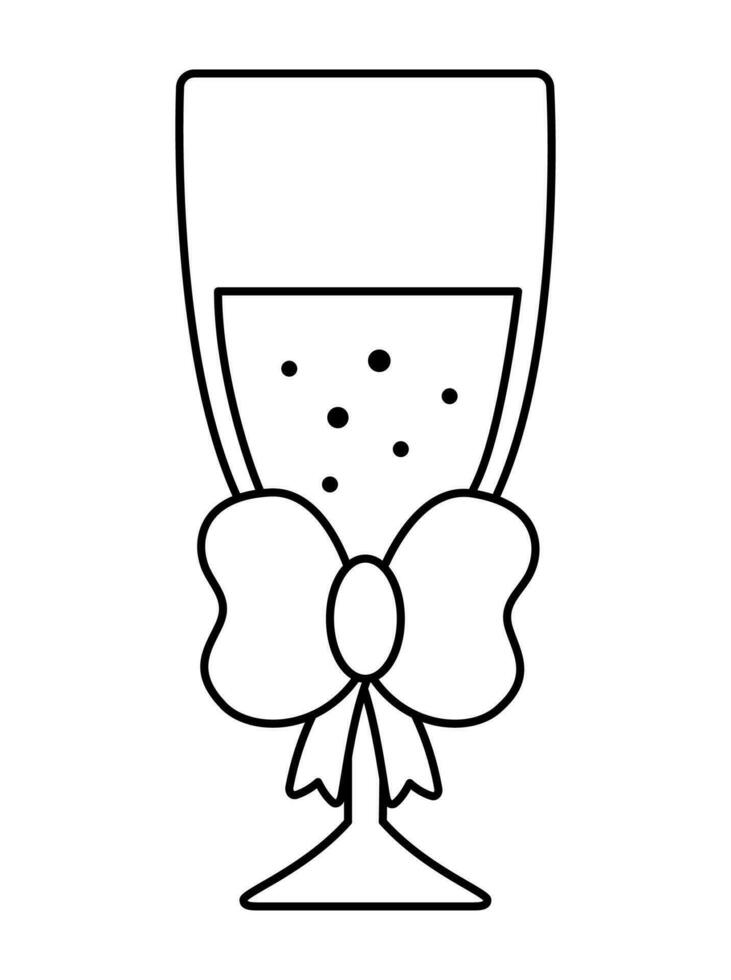 vector zwart en wit bruiloft glas met boog en sprankelend drankje. schattig lijn huwelijk symbool clip art element voor bruid, bruidegom. alleen maar getrouwd paar decoratie. tekenfilm ceremonie kleur bladzijde