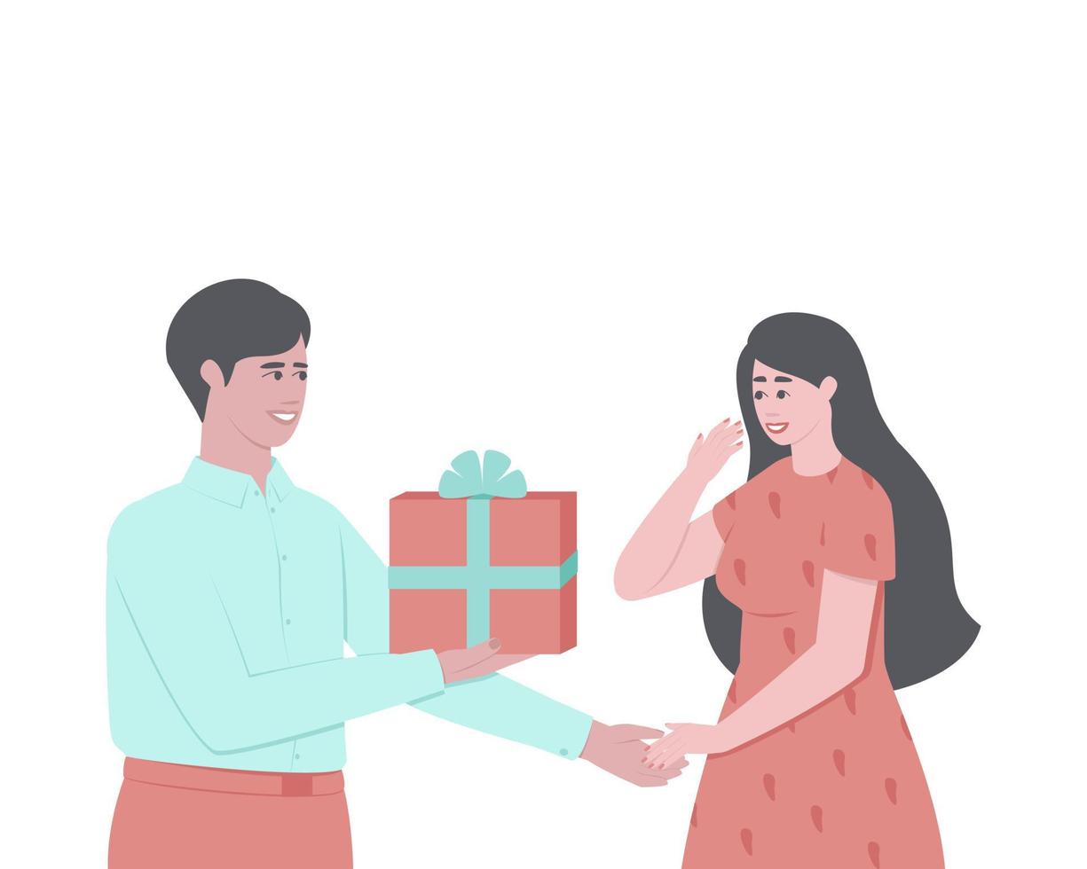 een man geeft een geschenk aan zijn geliefde vrouw vector