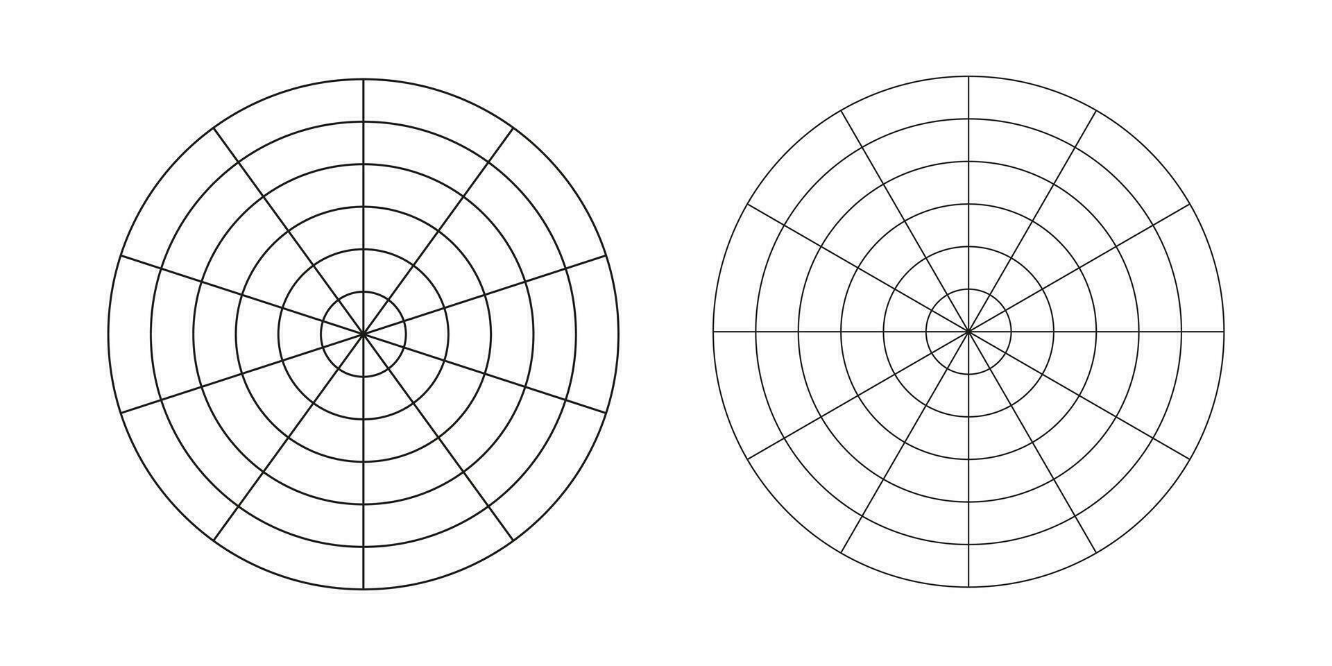 wiel van leven sjabloon set. coaching gereedschap voor visualiseren allemaal gebieden van leven. vector cirkel diagram van leven stijl evenwicht. polair rooster met segmenten, concentrisch cirkels. blanco van polair diagram papier.