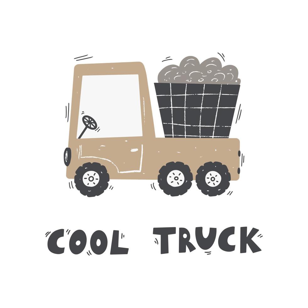 leuke cartoonvrachtwagen met belettering - coole vrachtwagen. vector handgetekende kleur kinder illustratie, poster. bouw apparatuur. grappig bouwtransport.