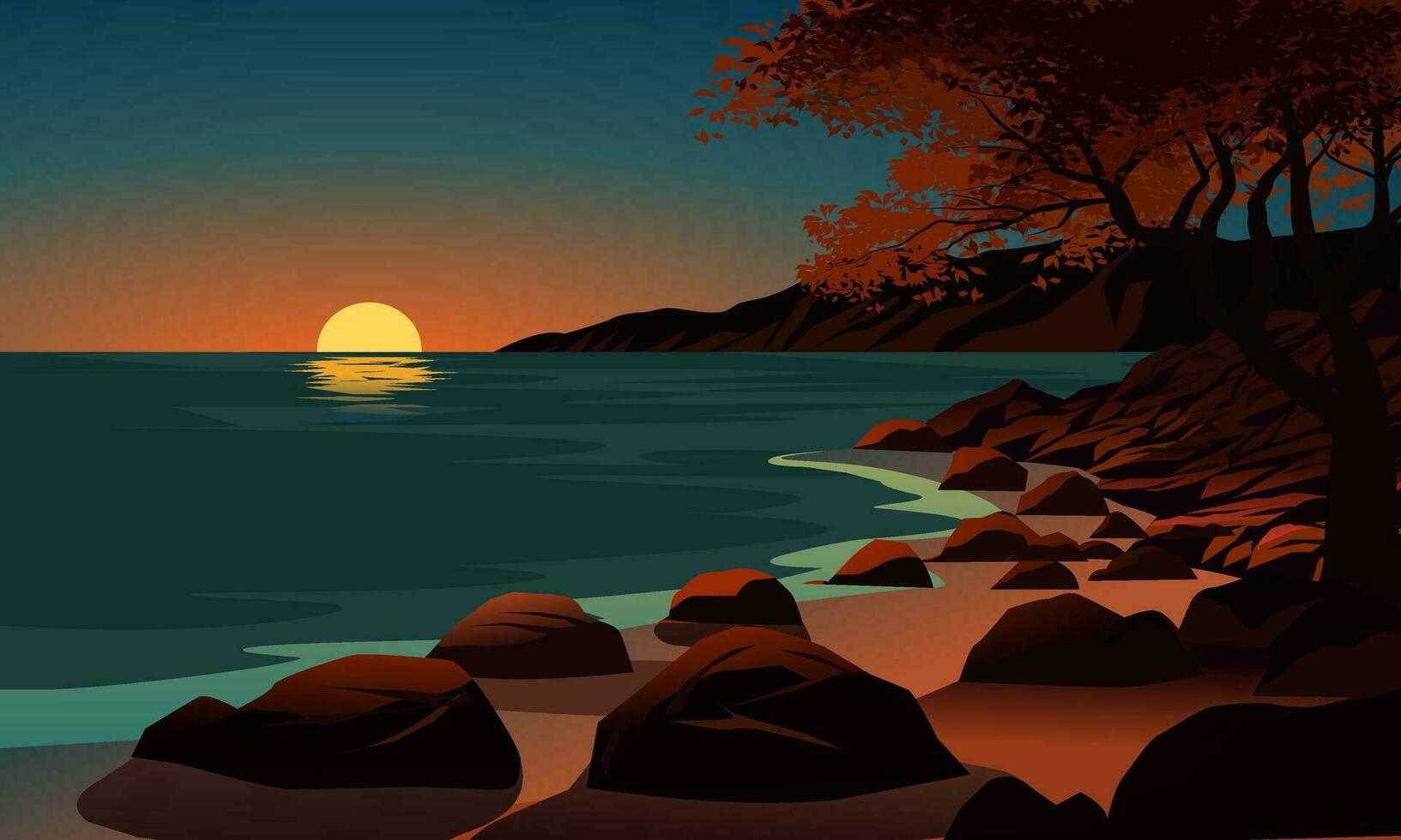 mooi strand zonsondergang met rotsen en boom vector