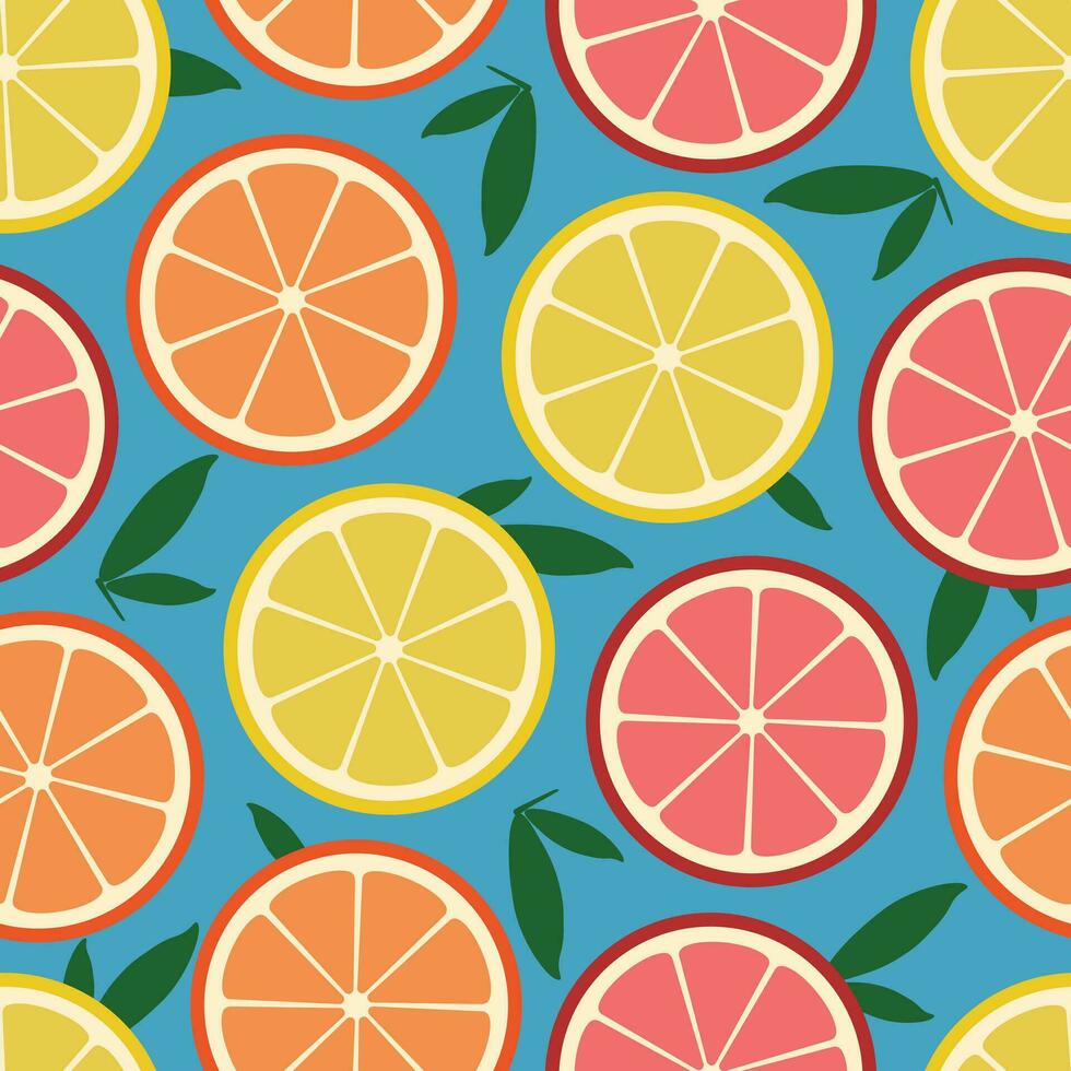 naadloos vector patroon met citrus plakjes sinaasappelen, citroenen en grapefruits Aan blauw achtergrond