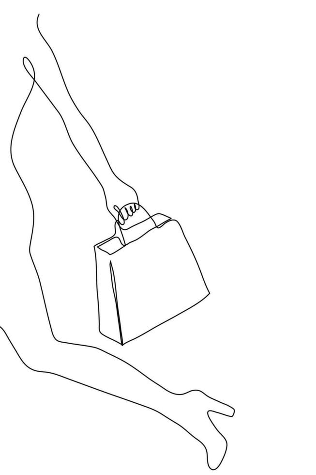 contour vector silhouet van een vrouw draag- een pakket met aankoop. tekening van de links een deel van de vrouw lichaam met een pakket met ruimte voor tekst. de concept van winkelen, kortingen, promoties een