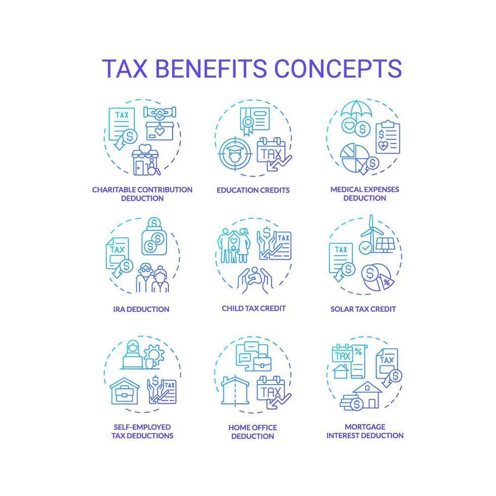 belasting voordelen blauw helling concept pictogrammen. financieel planning. fiscale beleid. belasting Verlichting en aftrek. types van belasting kredieten. icoon pak. vector afbeeldingen. ronde vorm illustraties. abstract idee