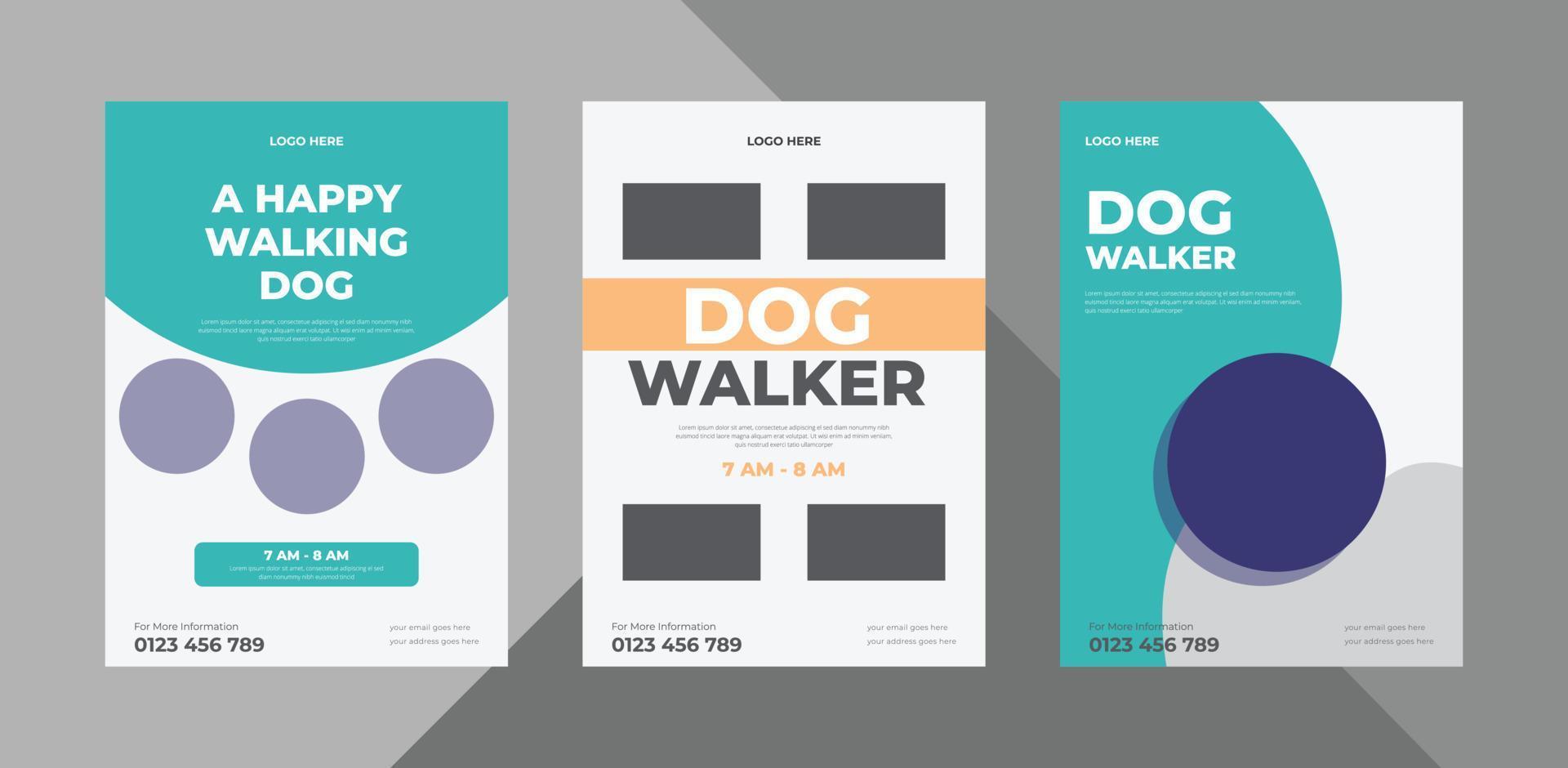 flyerontwerp voor hondenuitlaters. huisdier wandelen service poster folder ontwerpsjabloon. bundel, a4-sjabloon, brochureontwerp, omslag, flyer, poster, drukklaar vector