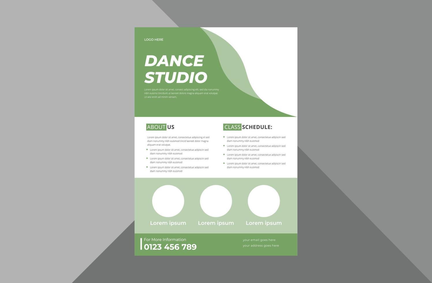 dansstudio flyer ontwerpsjabloon. dansles poster folderontwerp. a4 sjabloon, brochureontwerp, omslag, flyer, poster, drukklaar vector