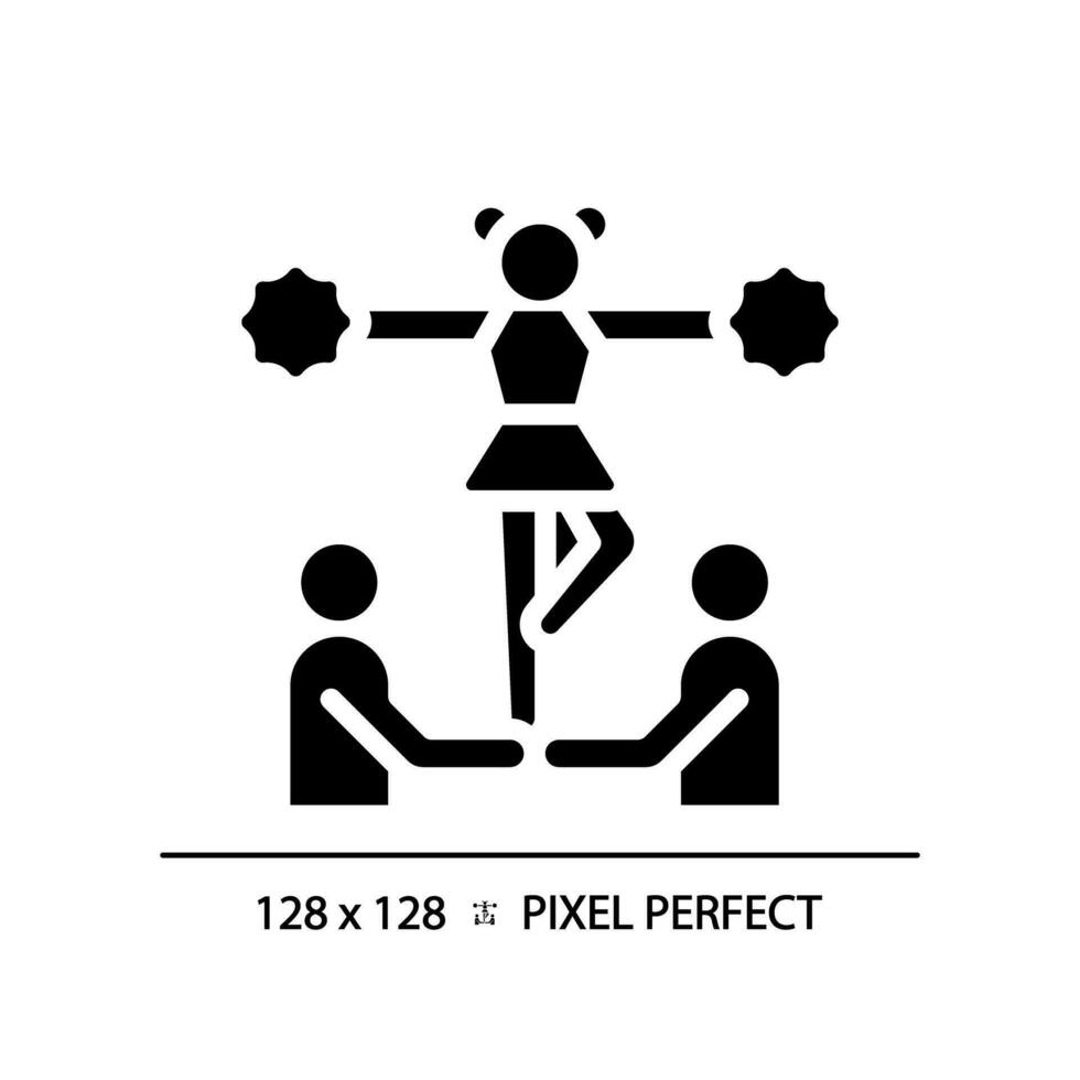 cheerleading zwart glyph icoon. ondersteunen sport team. Amerikaans Amerikaans voetbal spelers motivatie. hoog school- Amerikaans voetbal wedstrijd. silhouet symbool Aan wit ruimte. solide pictogram. vector geïsoleerd illustratie