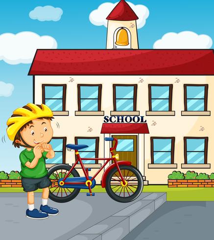 Schoolscène met jongen en fiets vector