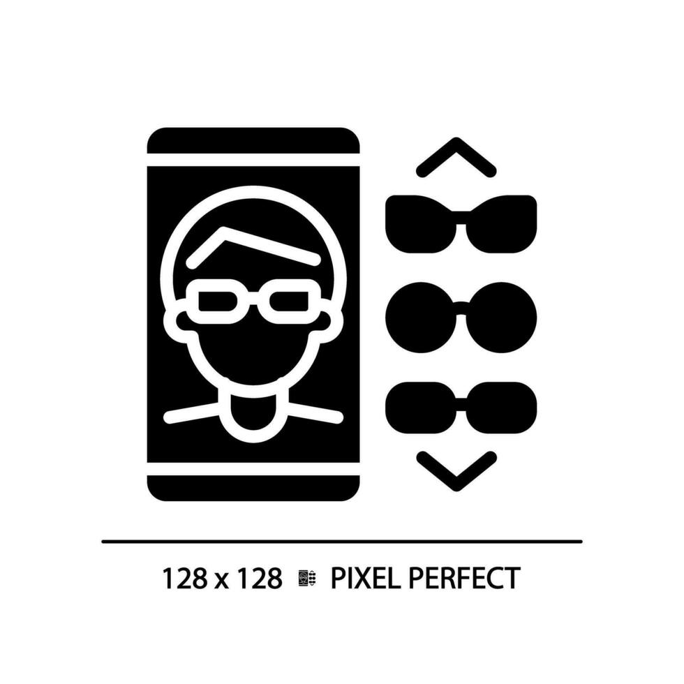 2d pixel perfect glyph stijl bril app icoon, geïsoleerd gemakkelijk vector, silhouet illustratie vertegenwoordigen oog zorg. vector