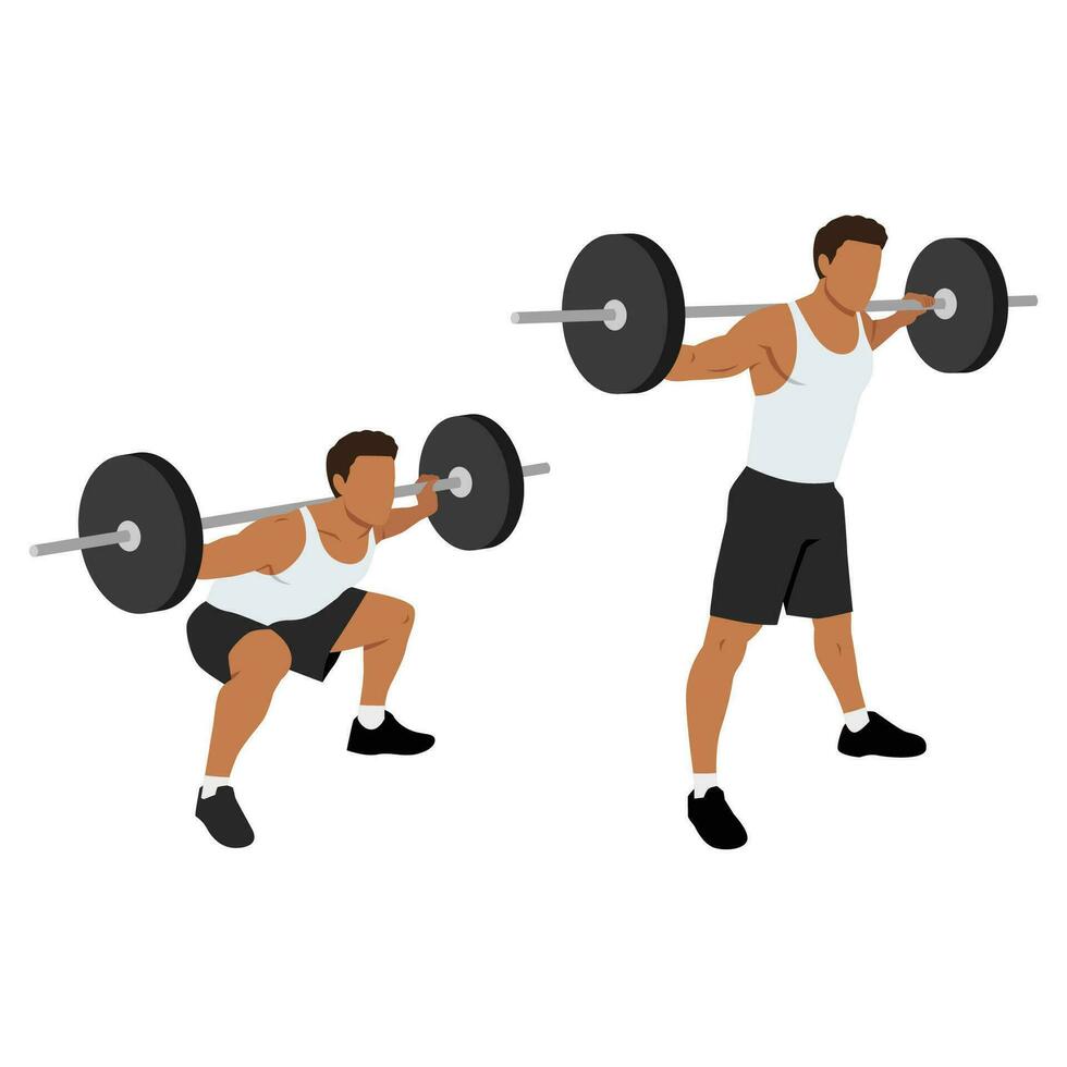 Mens aan het doen breed houding sumo barbell squats oefening. vector