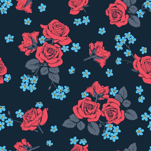 Rode rozen en myosotisbloemen op donkerblauwe achtergrond. Naadloos patroon. Vector illustartion