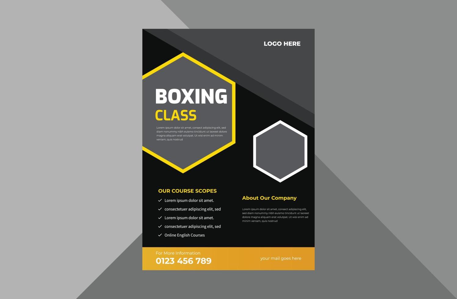 boksschool flyer ontwerpsjabloon. bokssport poster folderontwerp. a4 sjabloon, brochureontwerp, omslag, flyer, poster, drukklaar vector