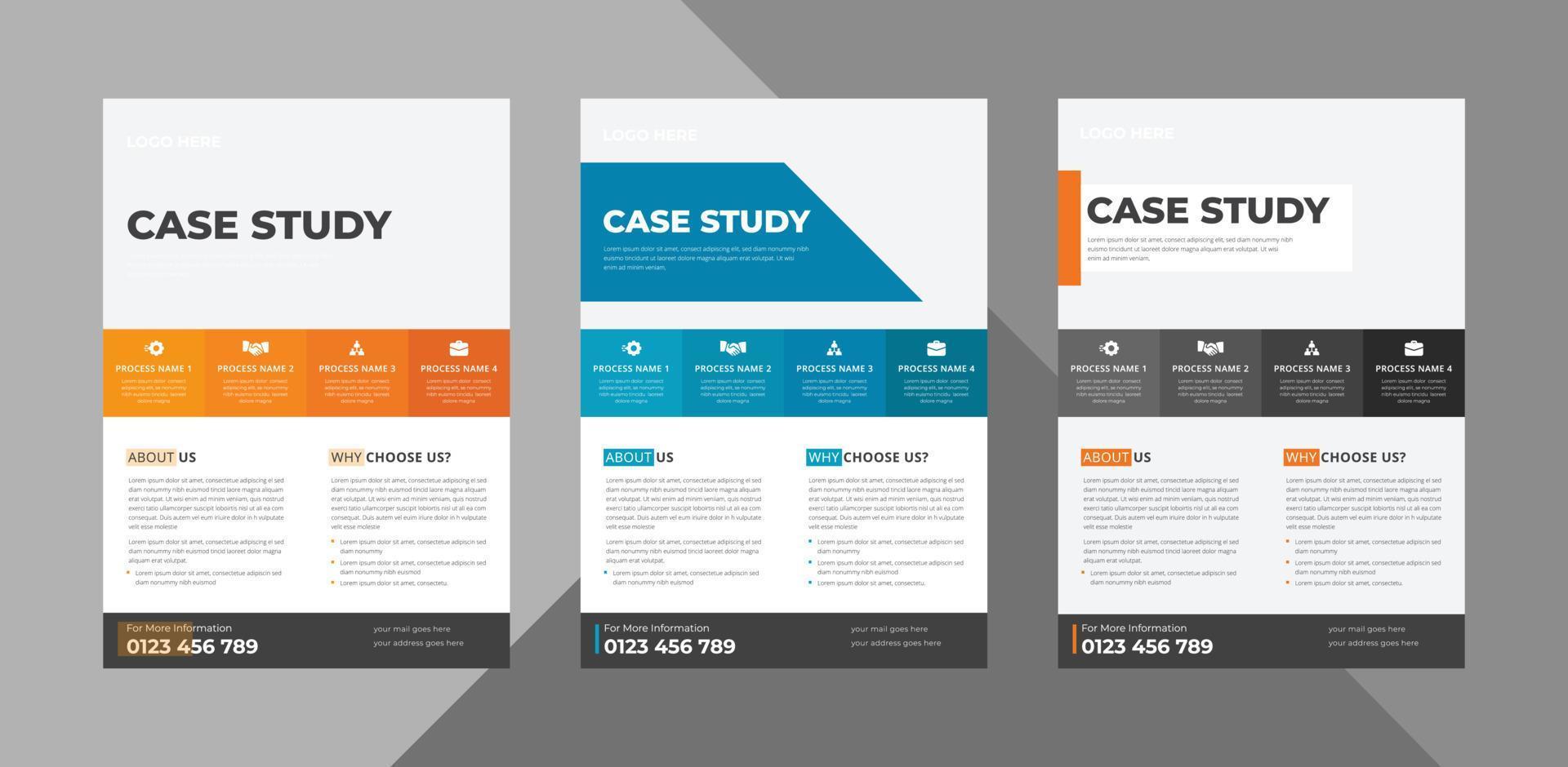 case study flyer ontwerpsjabloon bundel. case study omslag poster folder 3 in 1 ontwerp. bundel, 3 in 1, a4 sjabloon, brochureontwerp, omslag, flyer, poster, drukklaar vector