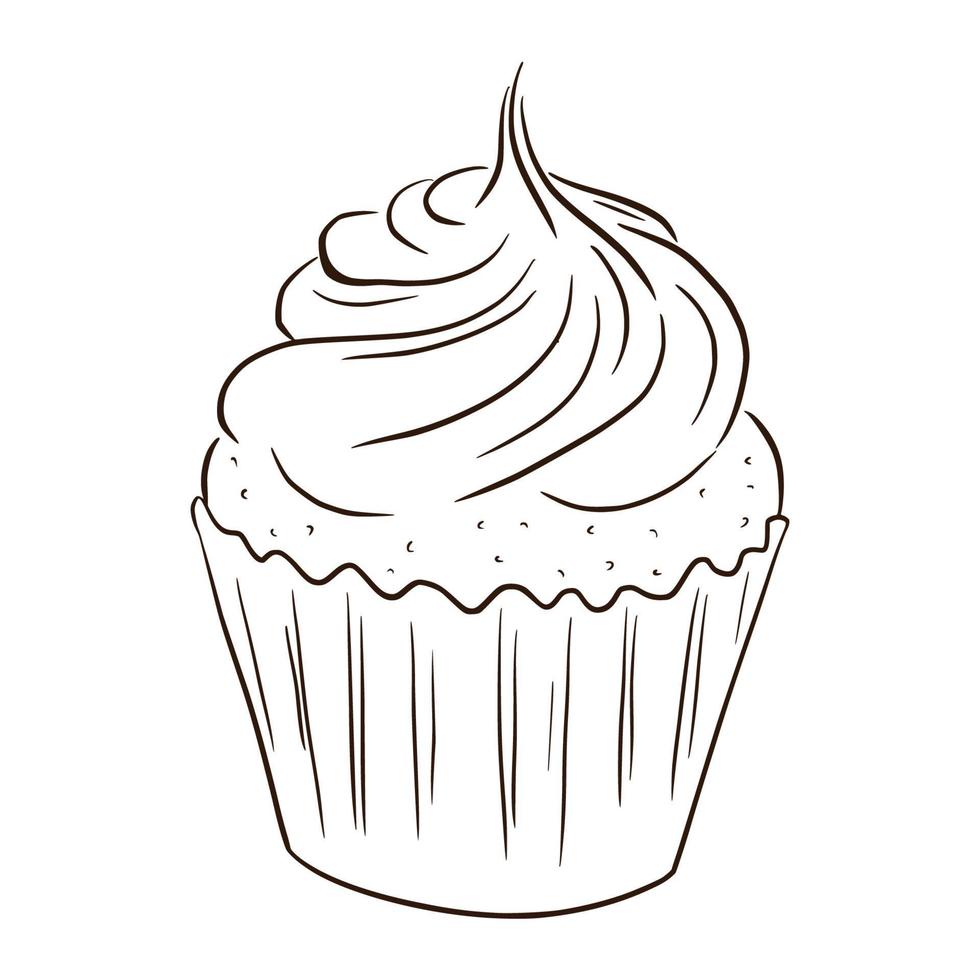 lijn kunst cupcake illustratie. eten smakelijke schets voor stickers, uitnodiging, oogst, logo, recept, menu en wenskaarten decoratie vector