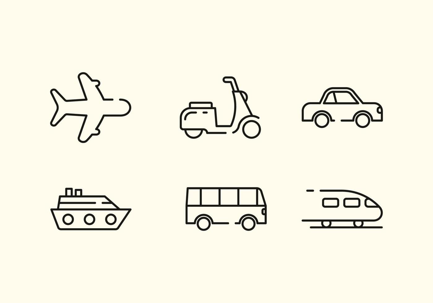 vervoer pictogrammen. vliegtuig, scooter, auto, schip, bus en trein. vervoer symbool. luchtpost levering teken. vector