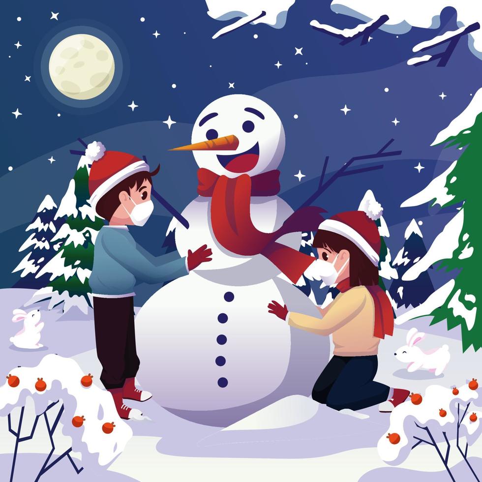 kinderen maken een sneeuwpop op een mooie nacht vector